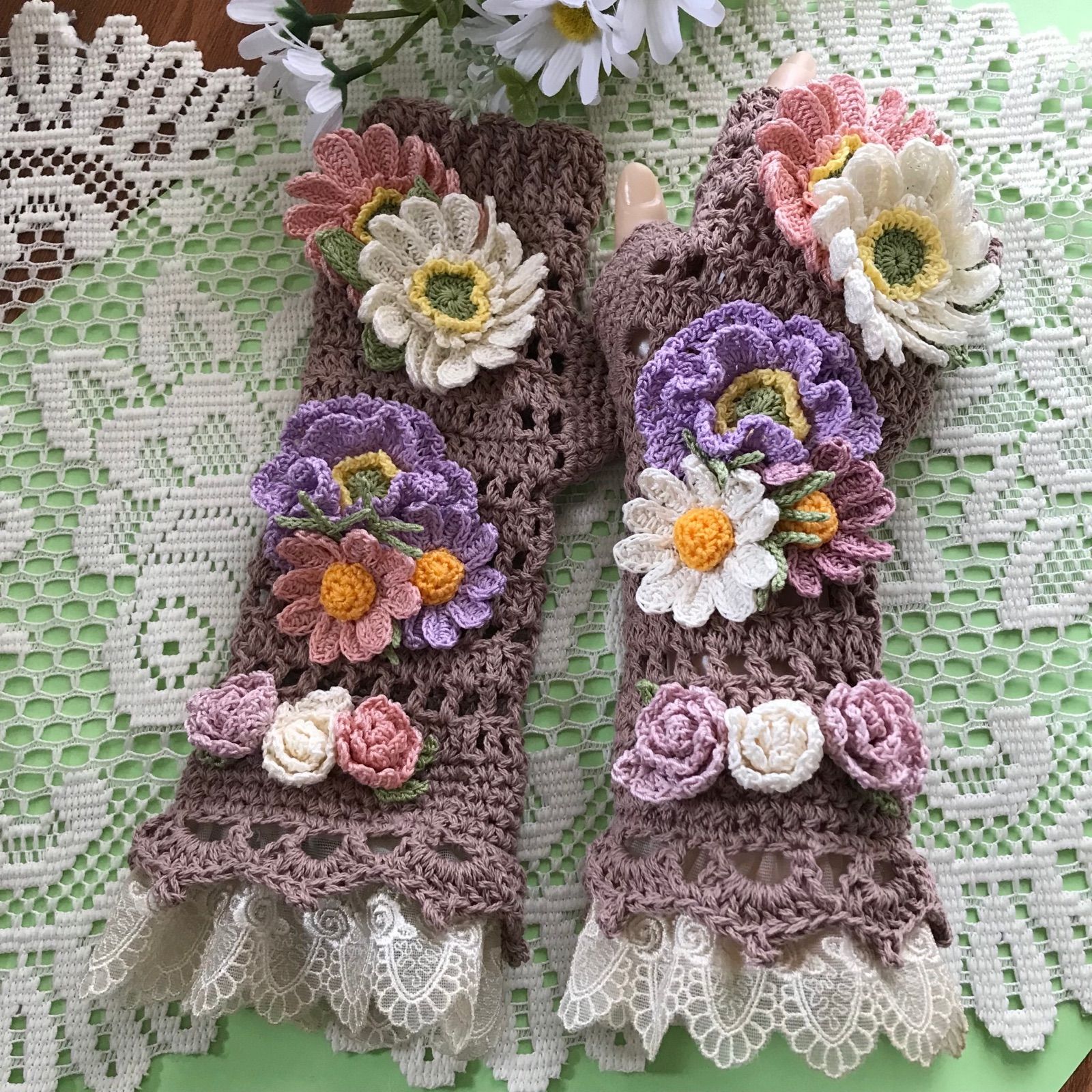 ハンドメイド レース編み　ハンドウォーマー 夏用　お花　母の日