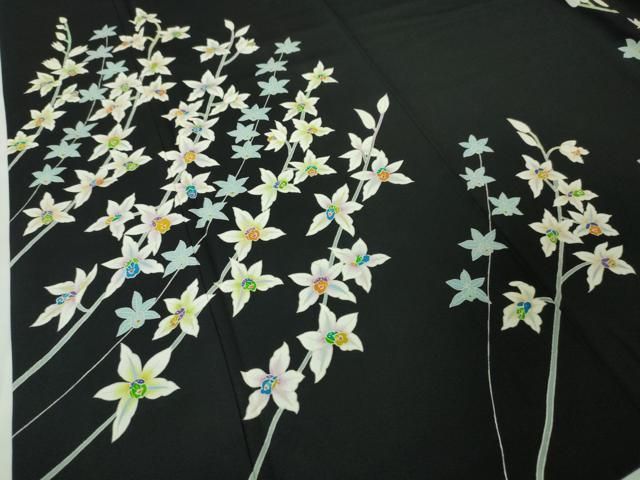 平和屋本店■極上　本加賀友禅作家　寺井英世　訪問着　枝花文　黒地　逸品　DZAA2392kh4 平和屋本店□極上 本加賀友禅作家 寺井英世 訪問着 枝花文 黒地 逸品