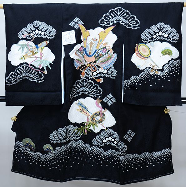 お宮参り 産着 のしめ 男児 ならし 正絹 金刺繍 黒地 綸子地 兜