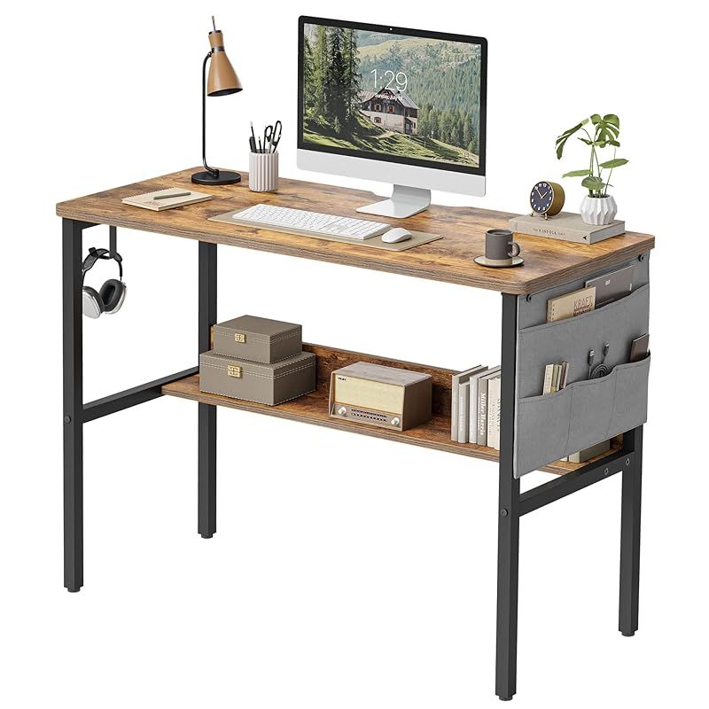 CubiCubi デスク 机 幅96cm*奥行き40cm パソコンデスク 机pcデスク ゲーミングデスク テレワーク ?子 ラック付き 勉強机 組立簡単 一人暮らし 収納袋付き ブラウン 1