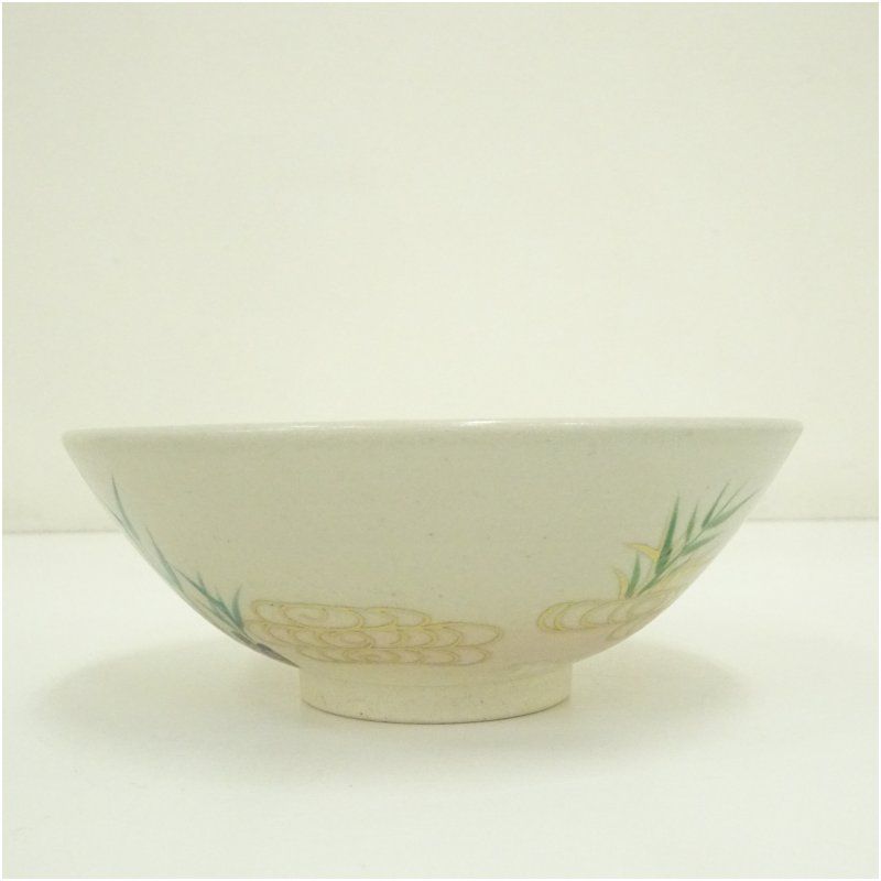 膳所焼 岩崎新定造 色絵芦に蛇篭文平茶碗（堀内家十二代宗完兼中斎書付