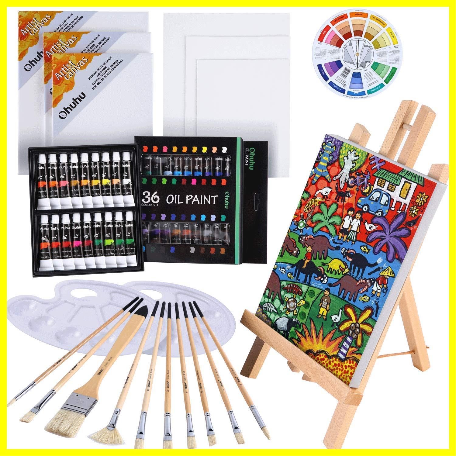 最短発送 36色 56点セット 油絵 油絵の具 絵画 画材 セット 絵の具セット 大人 油絵具 男の子 女の子 木製イーゼル 張りキャンバス Ohuhu 油彩筆 パレット ホイール
