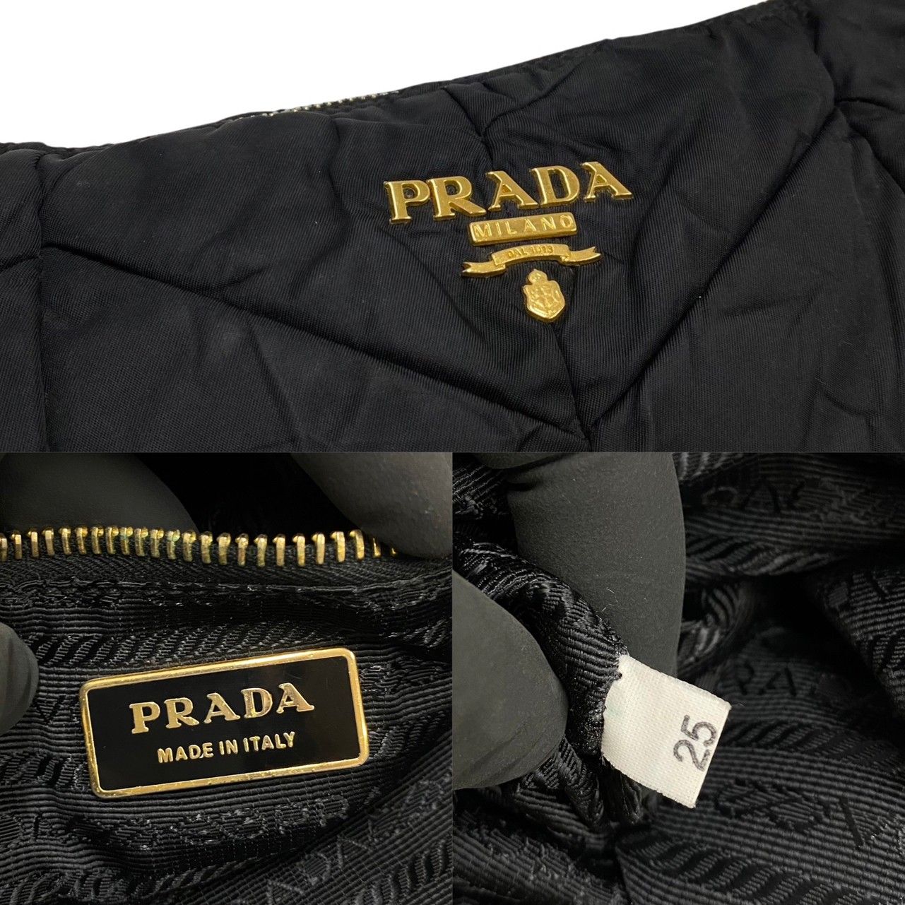 極 美品 PRADA プラダ ロゴ 金具 キルティング ナイロン レザー 本革