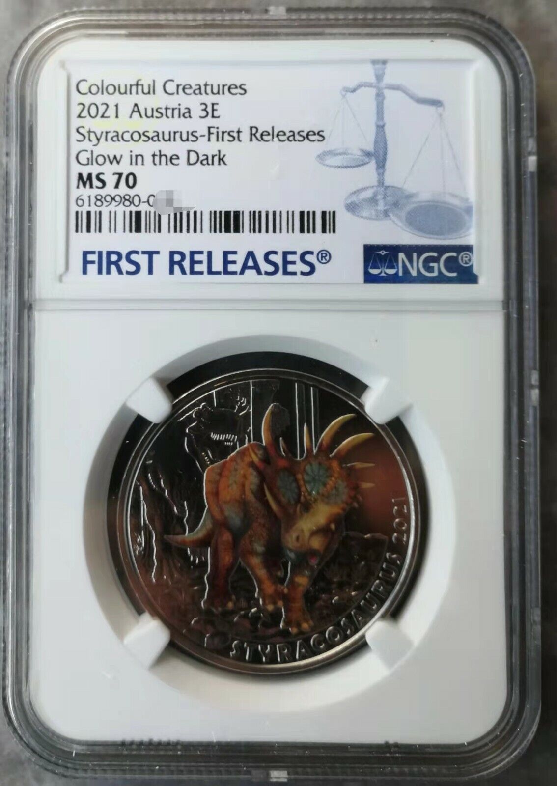 NGC MS70 FR Atria 2021 Colourful Creatures 3E Styracosaur Coin