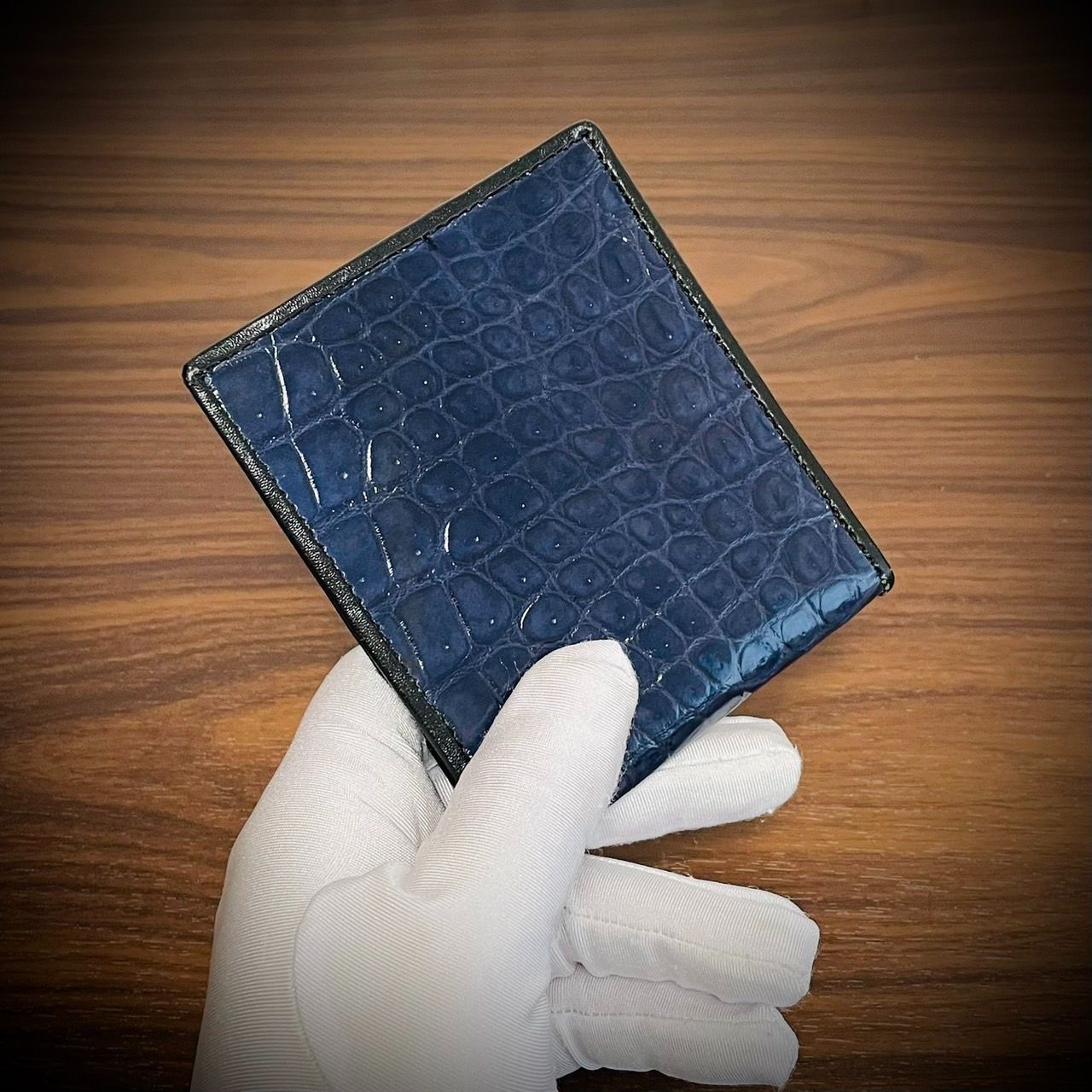 シャイニング クロコダイル メンズ財布 二つ折り 財布 ネイビー 証明証付