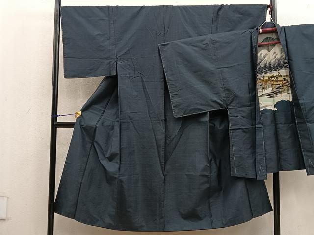 平和屋着物○男性 紬 アンサンブル 長羽織 濃藍色 キングサイズ 正絹  