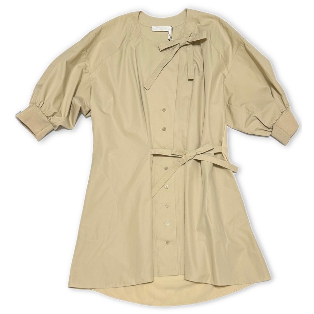 クロエChloeリボン付き7分袖シャツワンピース綿×絹ベージュ#36 新品クロエChloeリボン付き7分袖シャツワンピース綿×絹ベージュ