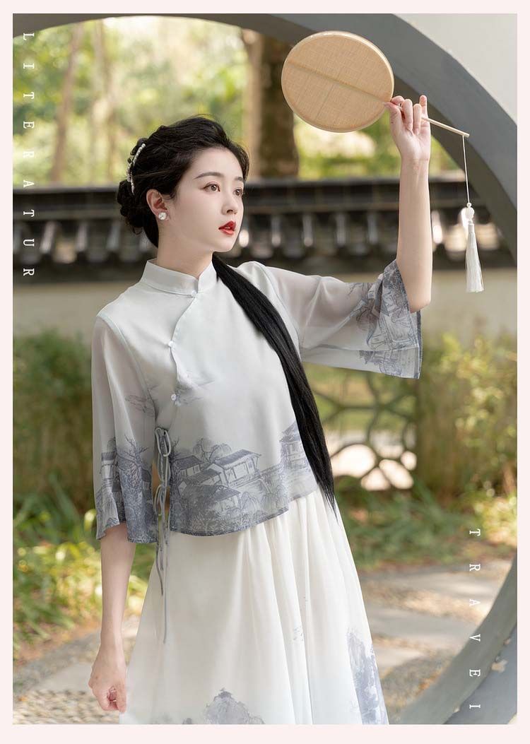 ナチュラルチャイナ服2点セット 水墨 改良漢服 チャイナドレス