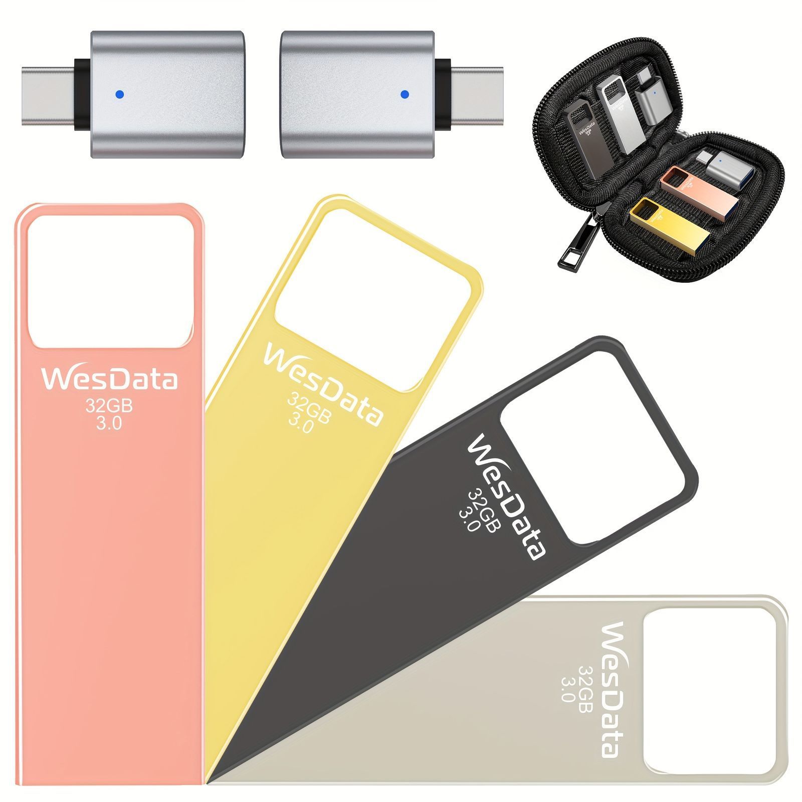 32GB/ 64GB/ 128GB 4個のミニメタルUSB 3.0フラッシュドライブと2個のUSB Cアダプターがケースに入ったセット、読み取り速度100MB/s、サムドライブ、USBメモリースティック、Type C携帯電話用USBペン、