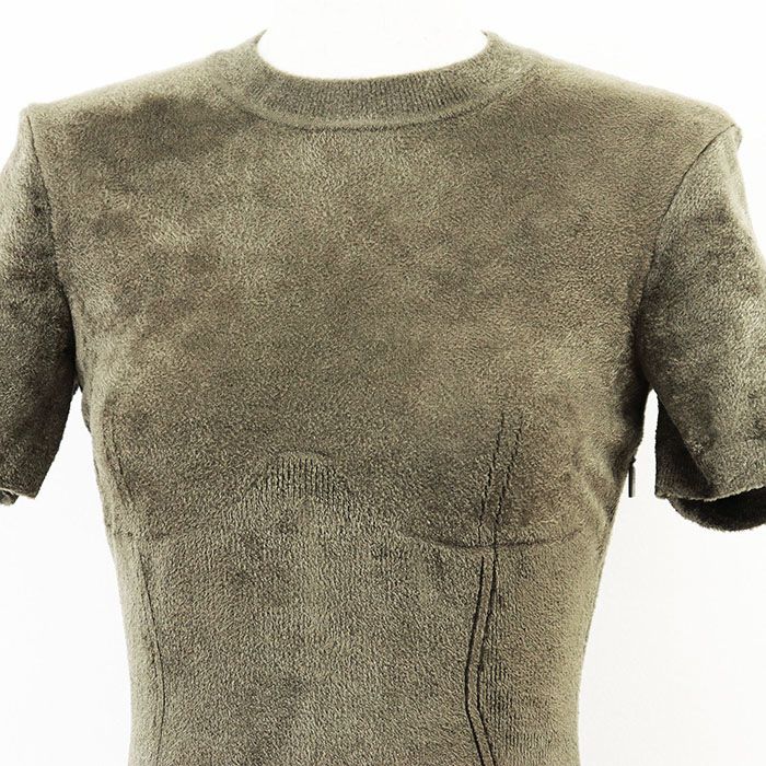 FENDI SKIMS フェンディ スキムズ ワンピース スウェード調 FF ロゴ タイト コクーン シルエット ストレッチ プルオーバー ミディ丈 半袖 ドレス レディース サイズ 38 カーキ イタリア製