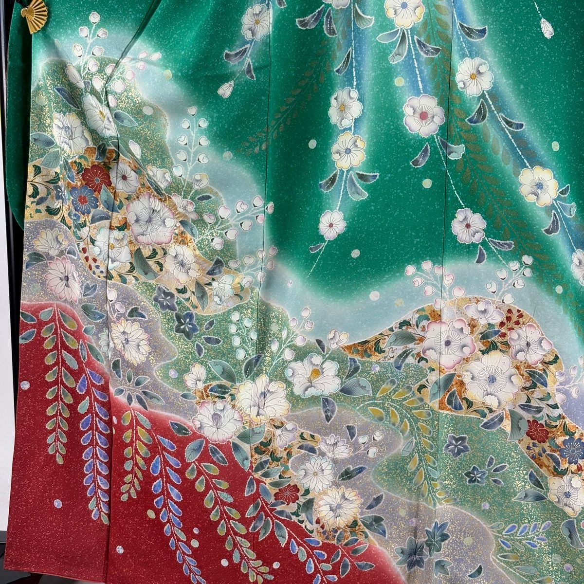 振袖 身長157-172cm 水色　辻が花　正絹 振袖 身丈165cm 裄丈68cm L 袷 辻が花柄 銀通し 金彩 緑 正絹