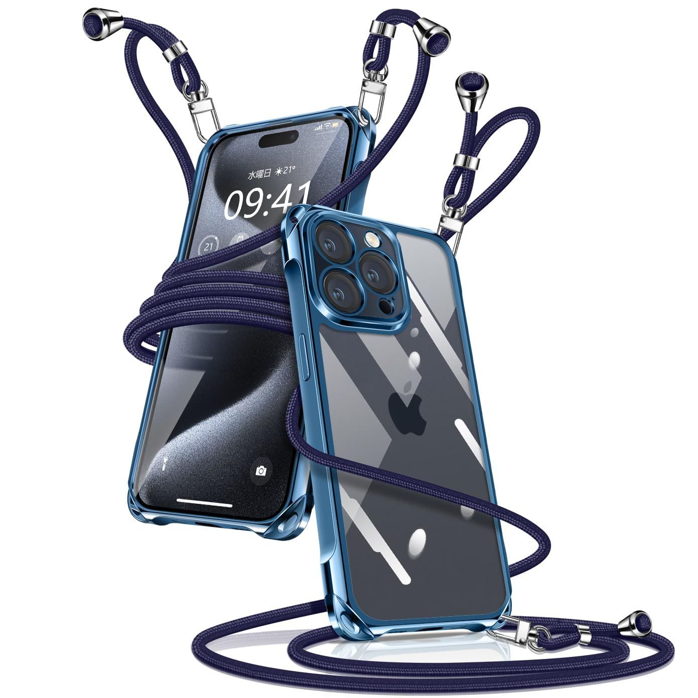 iPhone15 Pro Max_ブルー iPhone 15 Pro Max ケース クリア ショルダー iPhone15pro max スマホケース アイフォン15ProMax カバー 肩掛け 斜めかけ 縄掛けケース 透明 薄型 軽量 TPU 携帯ケース 紐