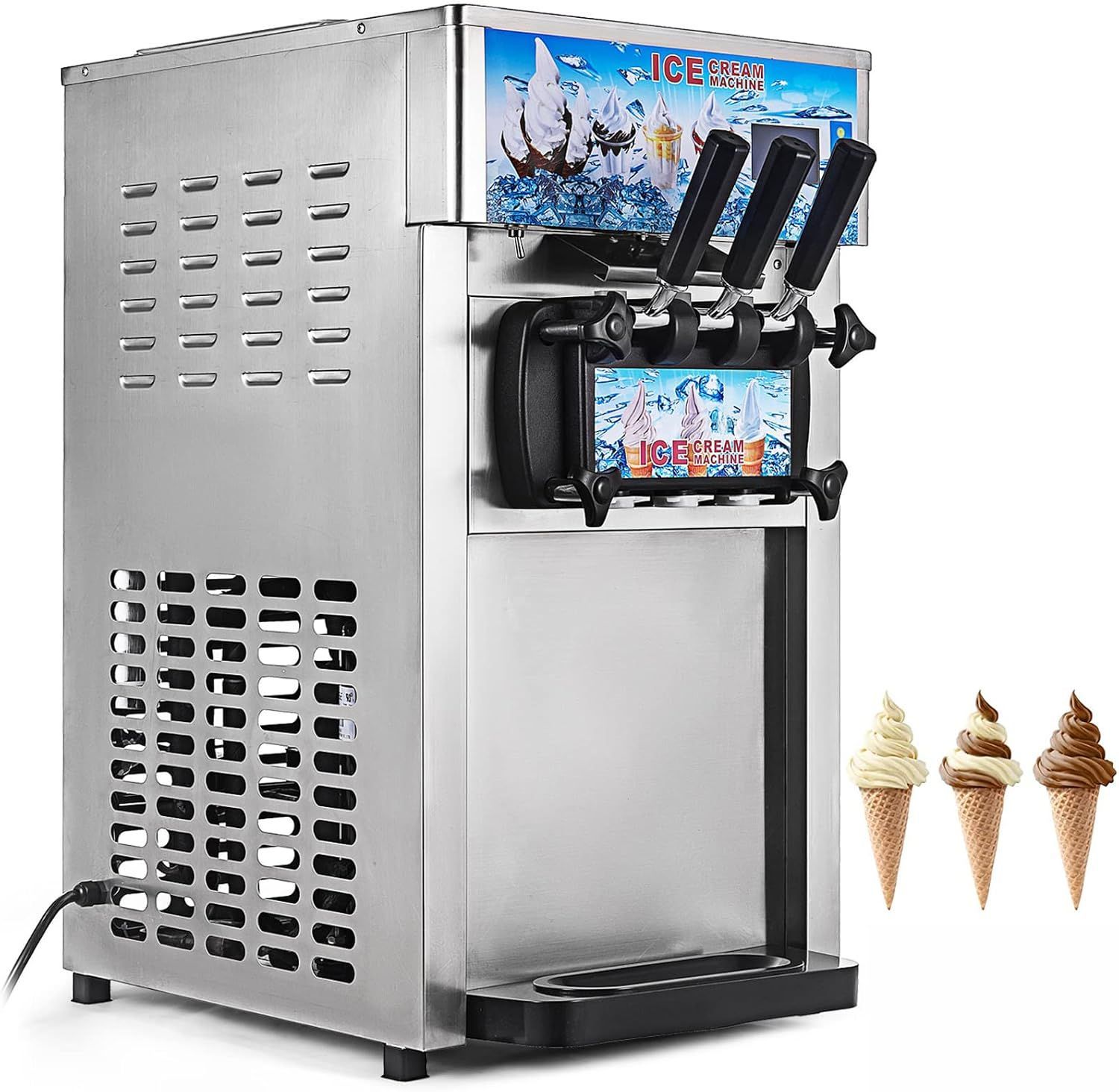 業務用アイスクリームマシン 1200W カウンタートップソフトクリームメーカー 4.7 ガロン|時間 3 種類のフレーバーヨーグルトメーカー 自動洗浄 スナックバーカフェ用