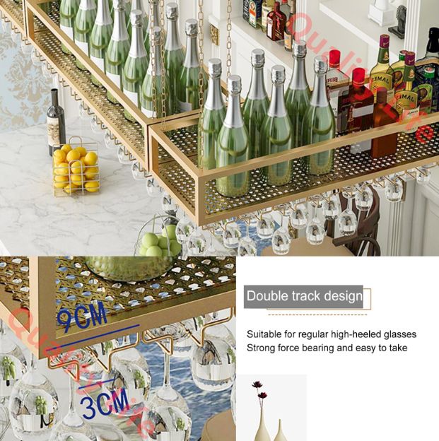 吊り下げ式ワインラック、グラスホルダーと棚付き、調節可能な金属製