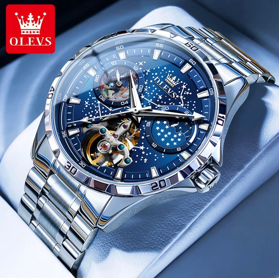 Olevs-メンズ,腕時計,多機能,発光,全自動,機械式,月の相,スター