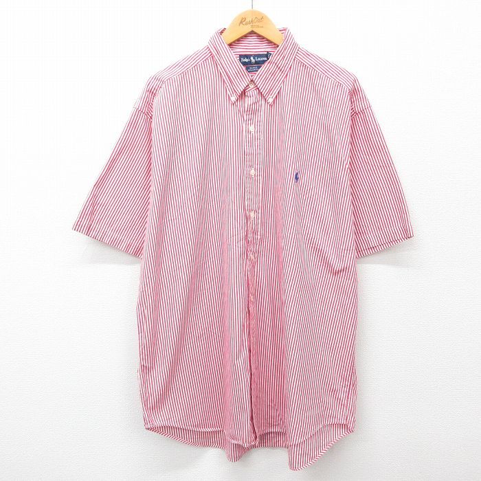 XL/古着 ラルフローレン 半袖 ブランド シャツ メンズ 90s ワンポイントロゴ BLAKE 大きいサイズ ロング丈 コットン ボタンダウン 赤他 レ