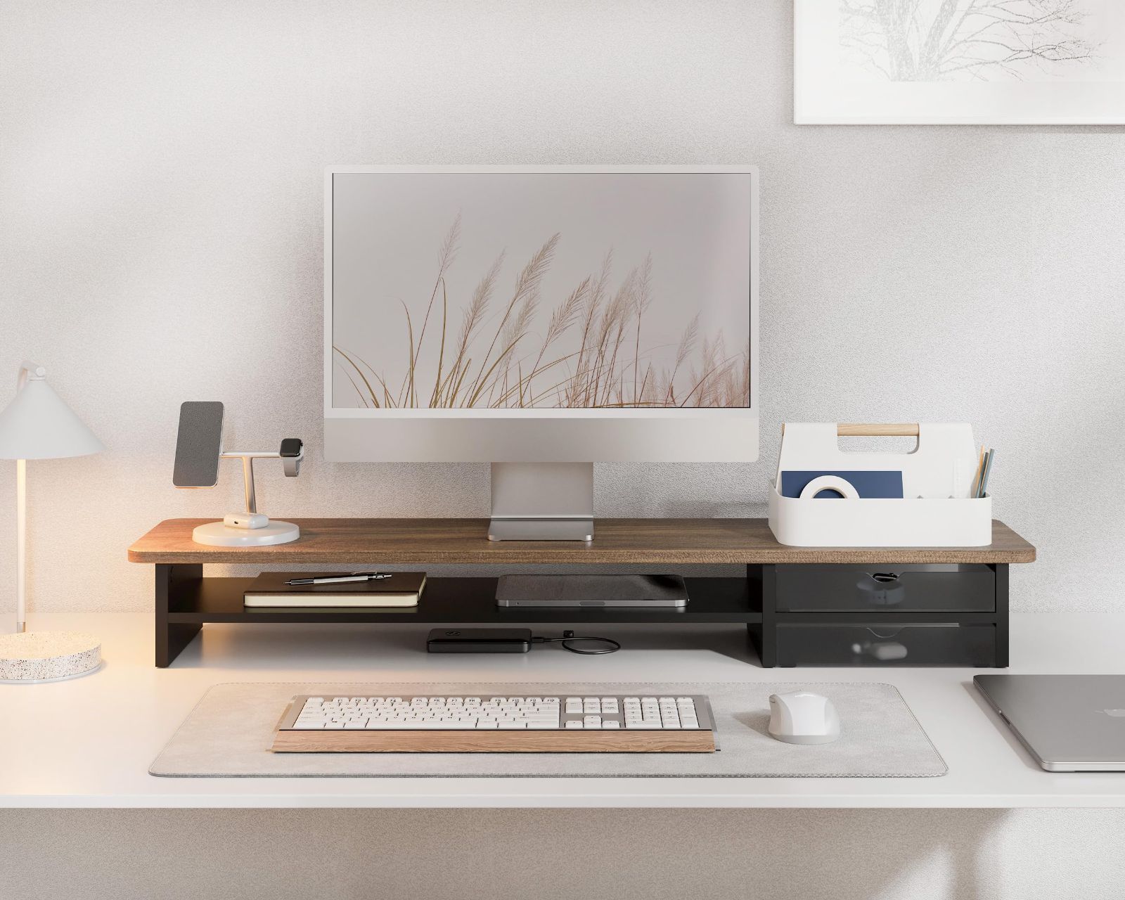 2段 108cm 机上台 引き出し 木製 パソコン台 アクリル製 白 モニタースタンド pcモニター台 ディスプレイ台 卓上 机上ラック 卓上収納 モニター台 pc台 G04K2104D Fenge ブラウン＆黒 WWW_SKLAD-KIRPICHA_RU