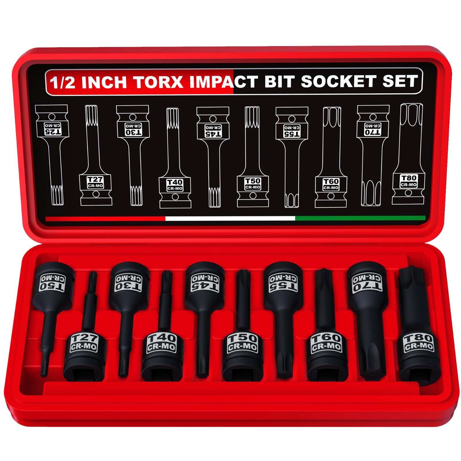 12.7mm トルクスビットソケット GOMLERT インパクトトルクスビットソケットセット T25 - T80 差込角 12.7 mm (1/2＂) 10点