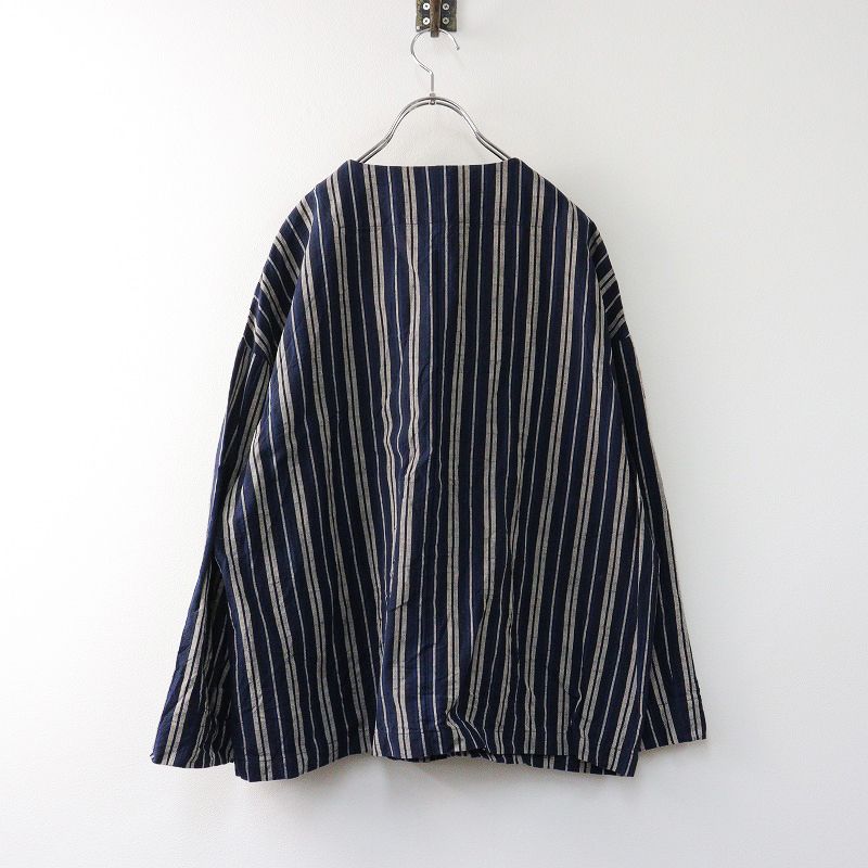 美品 ヤンマ産業 YAMMA 会津木綿 古代縞 ダボ袖ジャケット/ネイビー