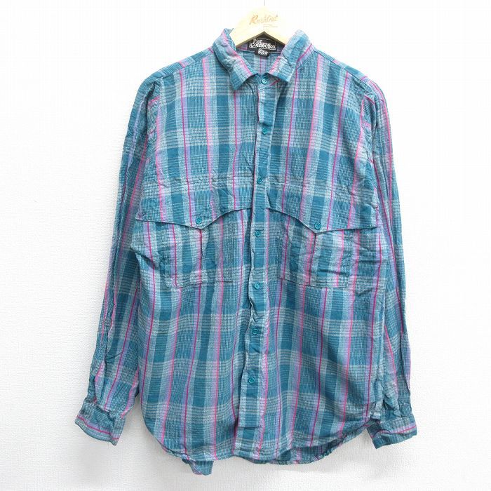 L/古着 Pier Connection 長袖 シャツ メンズ 90s コットン 青緑 チェック 24feb17 中古 トップス