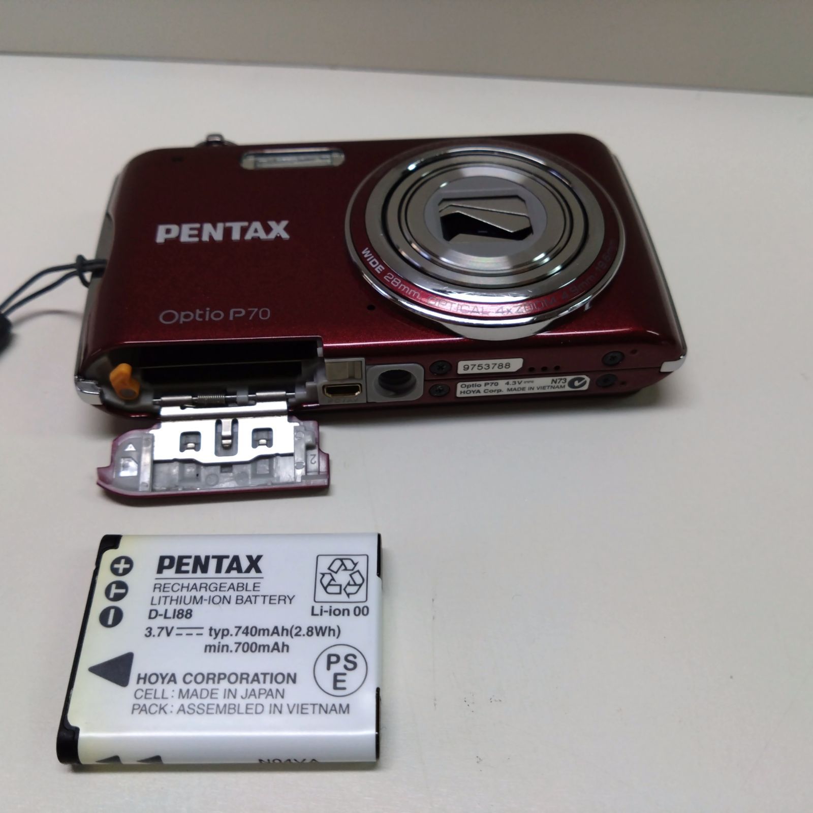 1125 PENTAX ペンタックス Optio P70 赤 レッド 充電器付き デジカメ