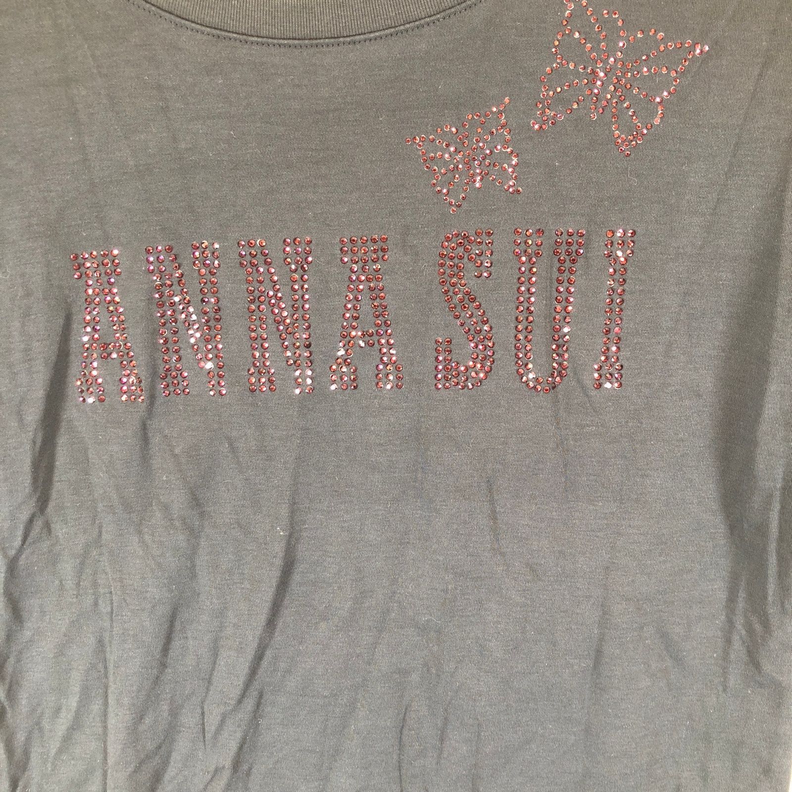 Anna Sui アナスイ M ブラック 黒 スパンコールブランドロゴ 綿100％長袖カットソー コットン100％ロゴ入りTシャツ