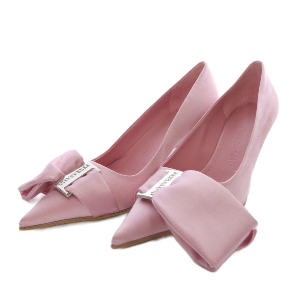 サルヴァトーレフェラガモ Salvatore Ferragamo パンプス ハイヒール ポインテッドトゥ リボンモチーフ サテン 6.5D ピンク YO17