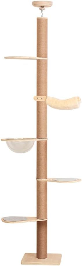 PETTIFUL キャットタワー 突っ張り 木製 ハンモック無料おまけ シニア スリム 木登り シンプル キャットツリー 猫タワー 太い支柱 大型猫 中型 おしゃれ 省スベース 宇宙船ボウル 隠れ家 爪とぎ 多頭飼い 安定 203~268cm ハンモック