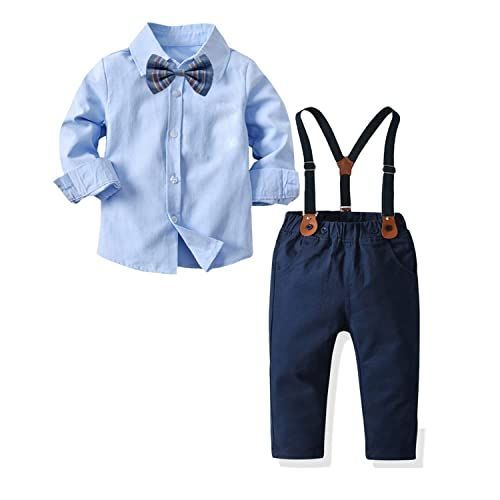 ブルー_100 Volunboy 男の子 フォーマル 子供 スーツ 子供服 ベビー服 長袖シャツ+長ズボン+ 蝶ネクタイ+サスペンダー4点セット おしゃれ 結婚式 入園式 卒園式 入学式 初節句 記念撮影 80-130cm ブルー,100