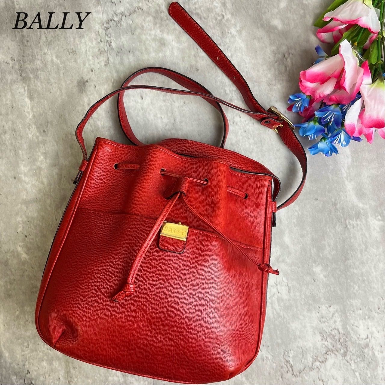 ✨良品✨BALLY バリー ショルダーバッグ ゴールド金具 ロゴ刻印 巾着型 ...