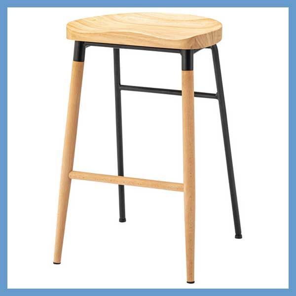 天然木 ラバーウッド とスチールのハイスツール 掘り込み座面 足置き付き No.509 W41.5×D42×H65cm ブラック