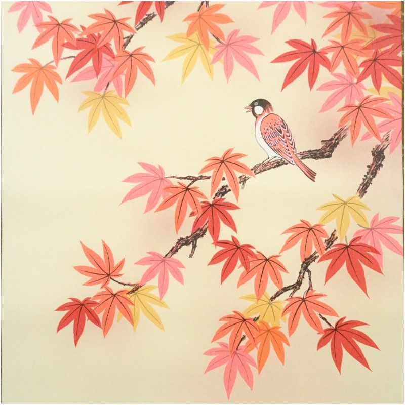 観月筆 紅葉に小禽 肉筆絹本掛軸（共箱） 掛け軸 床の間 書 おしゃれ