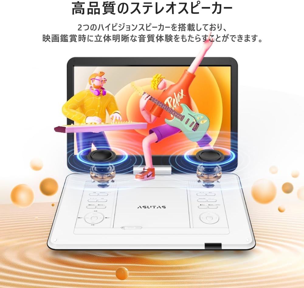 ポータブルdvdプレーヤー 17.9型 14インチ画面 内蔵ダブルスピーカー 5000mAh大容量充電式バッテリー 6時間連続再生 高耐久性  270°回転 車載 操作簡単 USB SDカード対応 TV同期可能 ラストメモリー機能 リモコン付き日本語説明書付 白