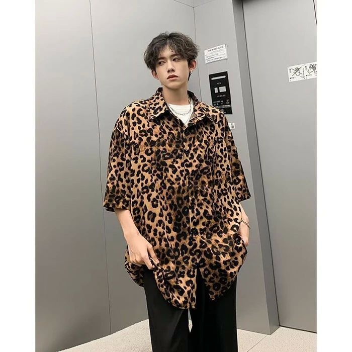 メンズ レオパード ヒョウ柄 半袖 シャツ ストリート シャツ 半袖 メンズ レオパード柄 プリント デザイン 襟付き