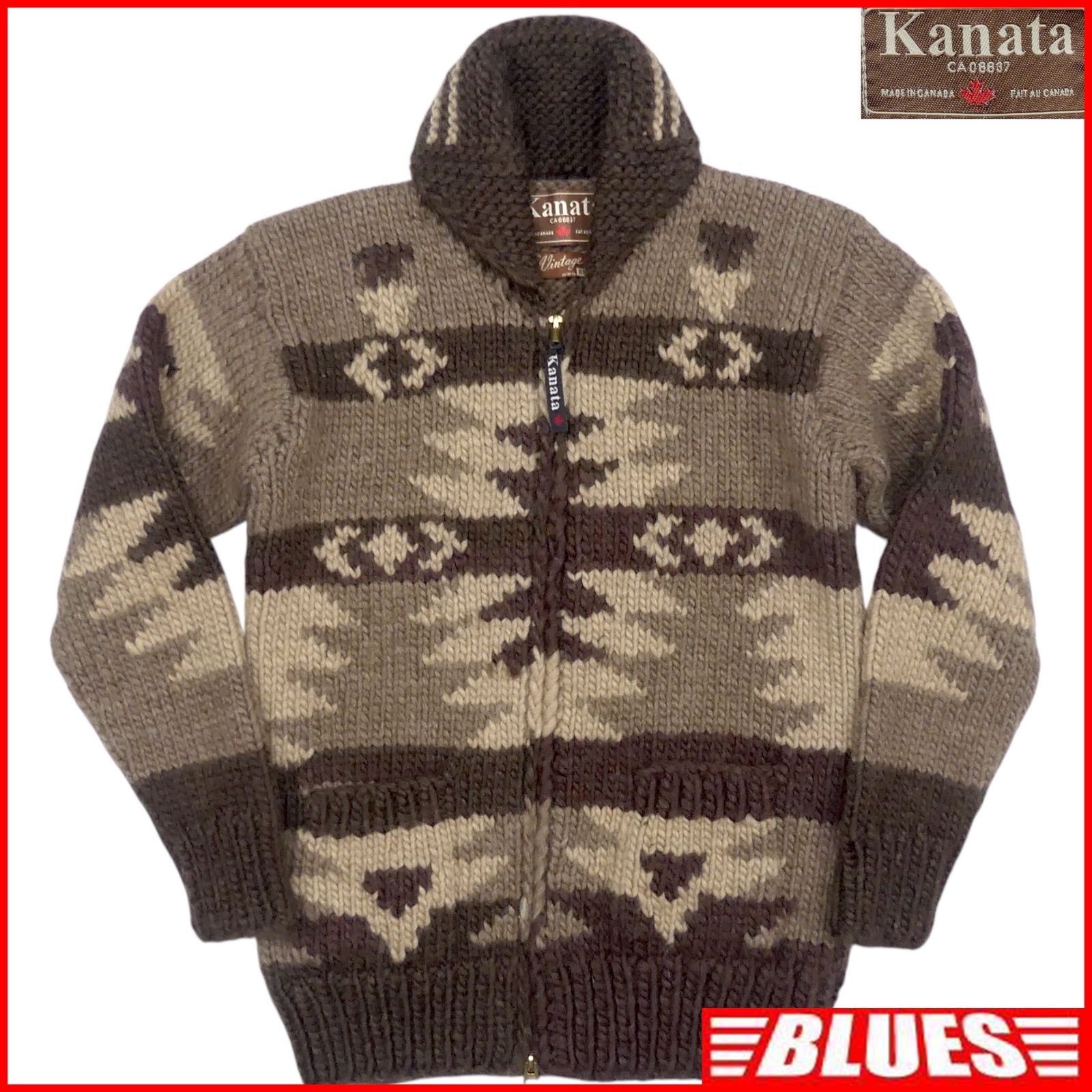 カウチン セーター kanata ニット M カナダ製 カナタ 茶 総柄 50s 