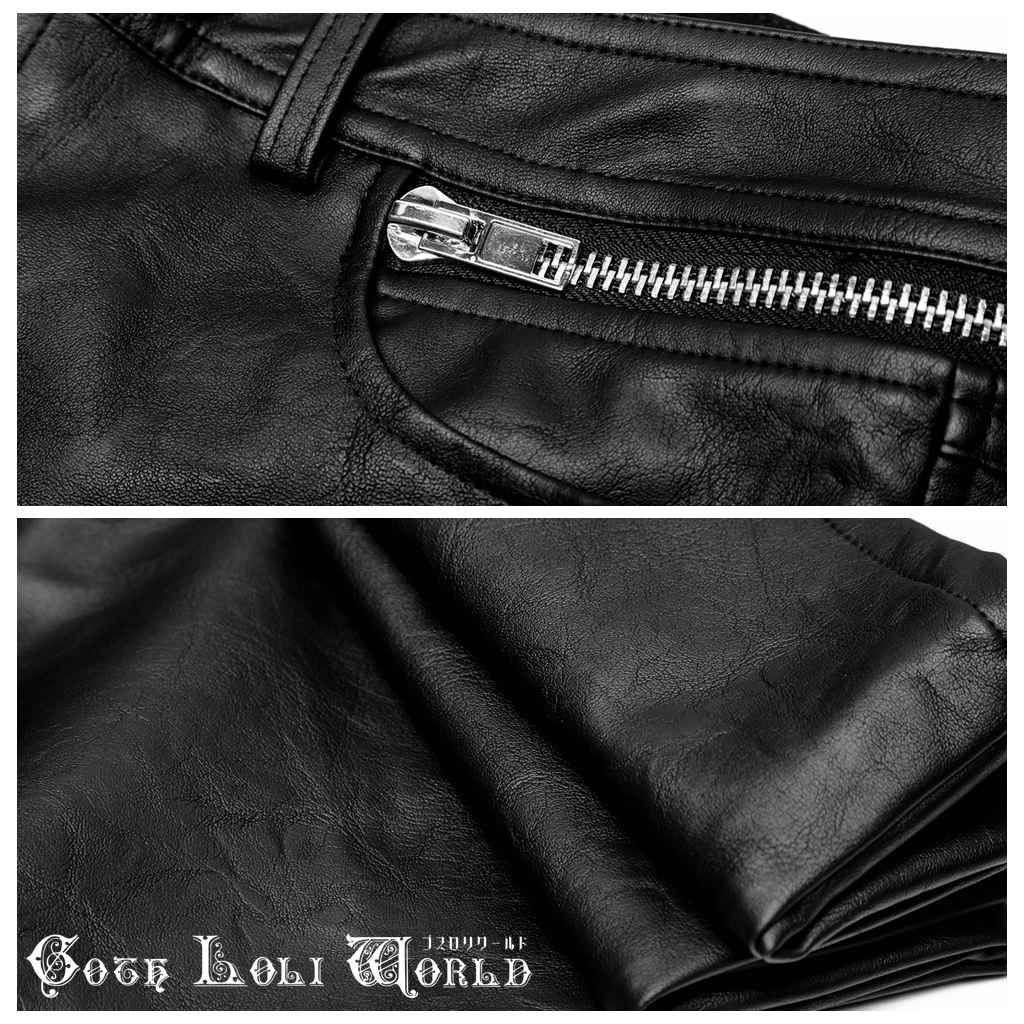 サイドジッパー・フェイクレザーパンツ OK-321PCM-BK ゴスロリ サイドジッパー フェイクレザー スリムパンツ