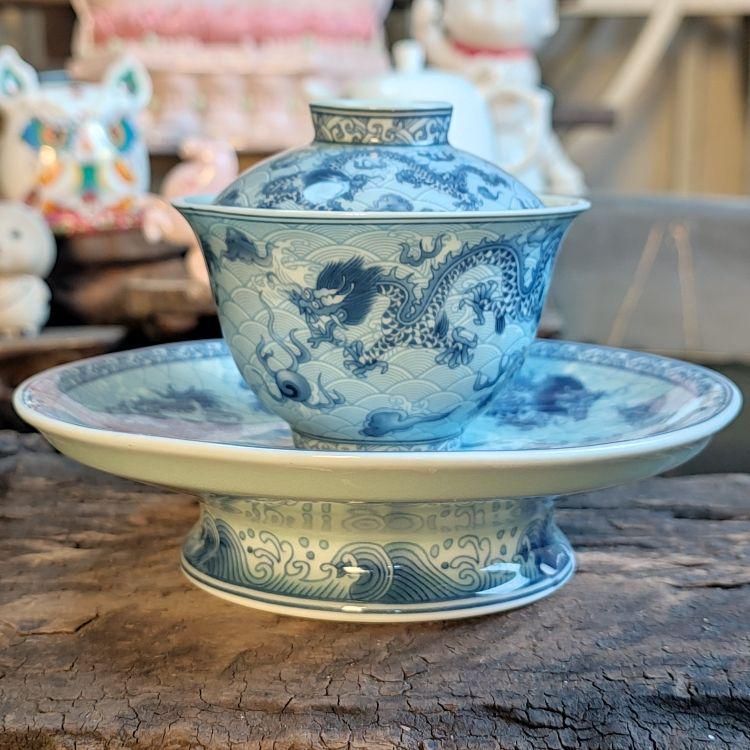 鯖龍紋三才蓋碗 中国茶器 景徳? 蓋付き茶器 飲茶食器 煎茶具 未