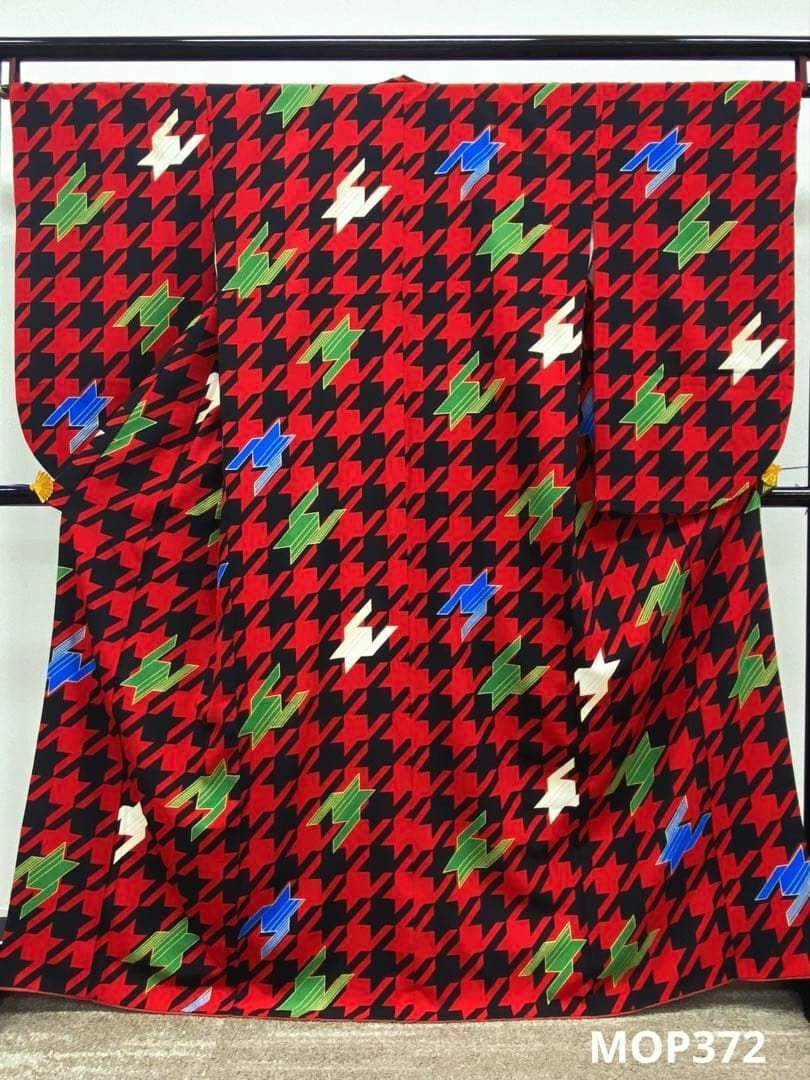 2尺袖 ポリエステル着物 金彩 千鳥格子 袴向き