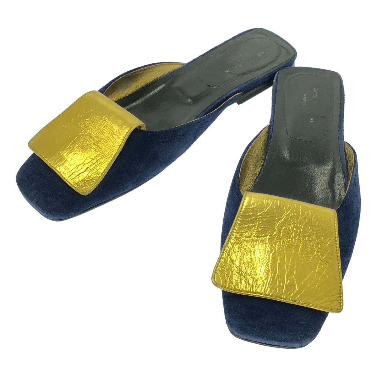 DRIES VAN NOTEN ドリスヴァンノッテン スエードレザー フラップ スクエアトゥ スリッパ サンダル 37 ネイビー レディース