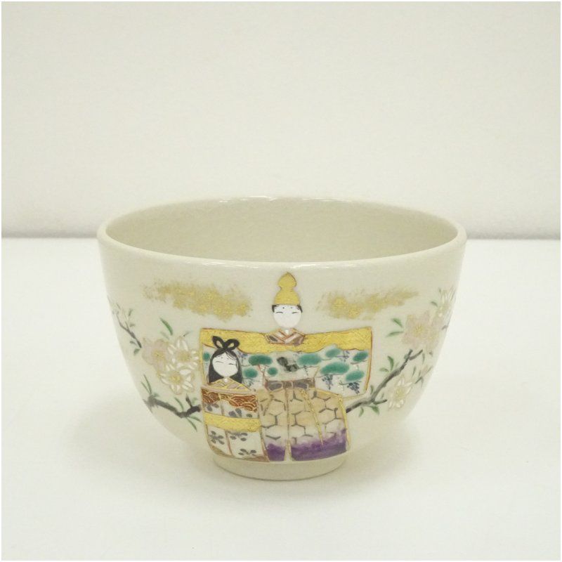 京焼 通次阿山造 仁清写立雛茶碗 共箱 茶道 抹茶 おしゃれ 抹茶茶碗 抹茶碗 和食器 レトロ 茶器 骨董 茶わん 茶会 茶の湯 3月 春