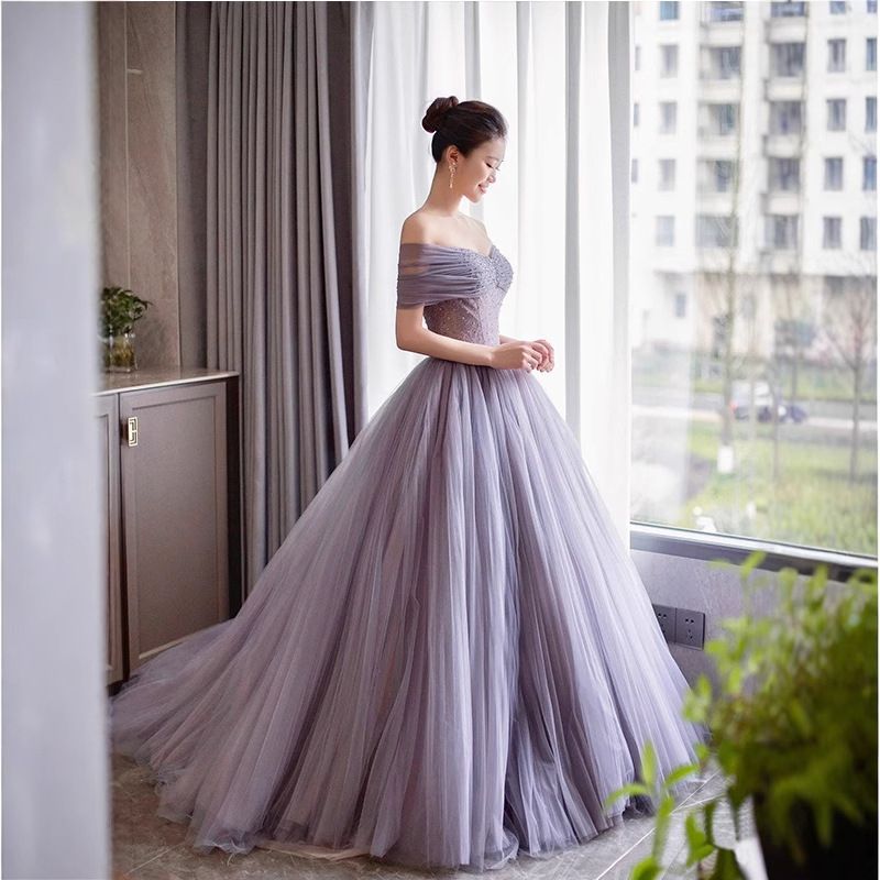 パープル フェアリーチュールドレス 新婦用 結婚式 気品あふれる 敬酒服 宴会 ホスト用 感あふれるイブニングドレス-9.23