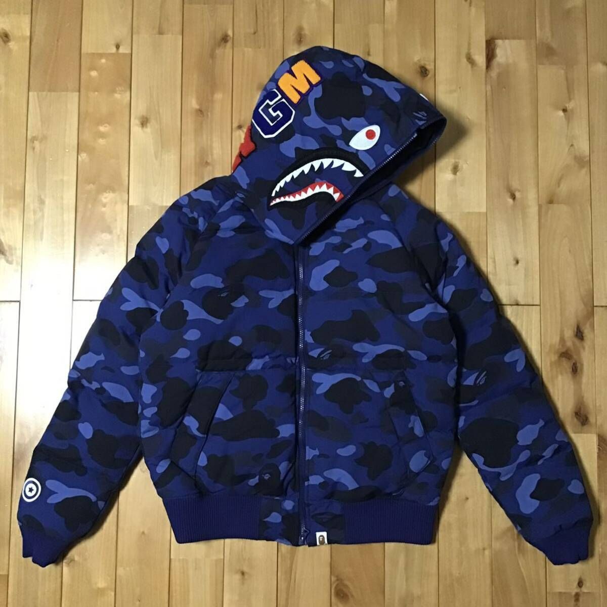 シャーク パーカー ダウンジャケット Mサイズ shark full zip hoodie Down jacket a bathing ape BAPE エイプ ベイプ Blue camo 迷彩