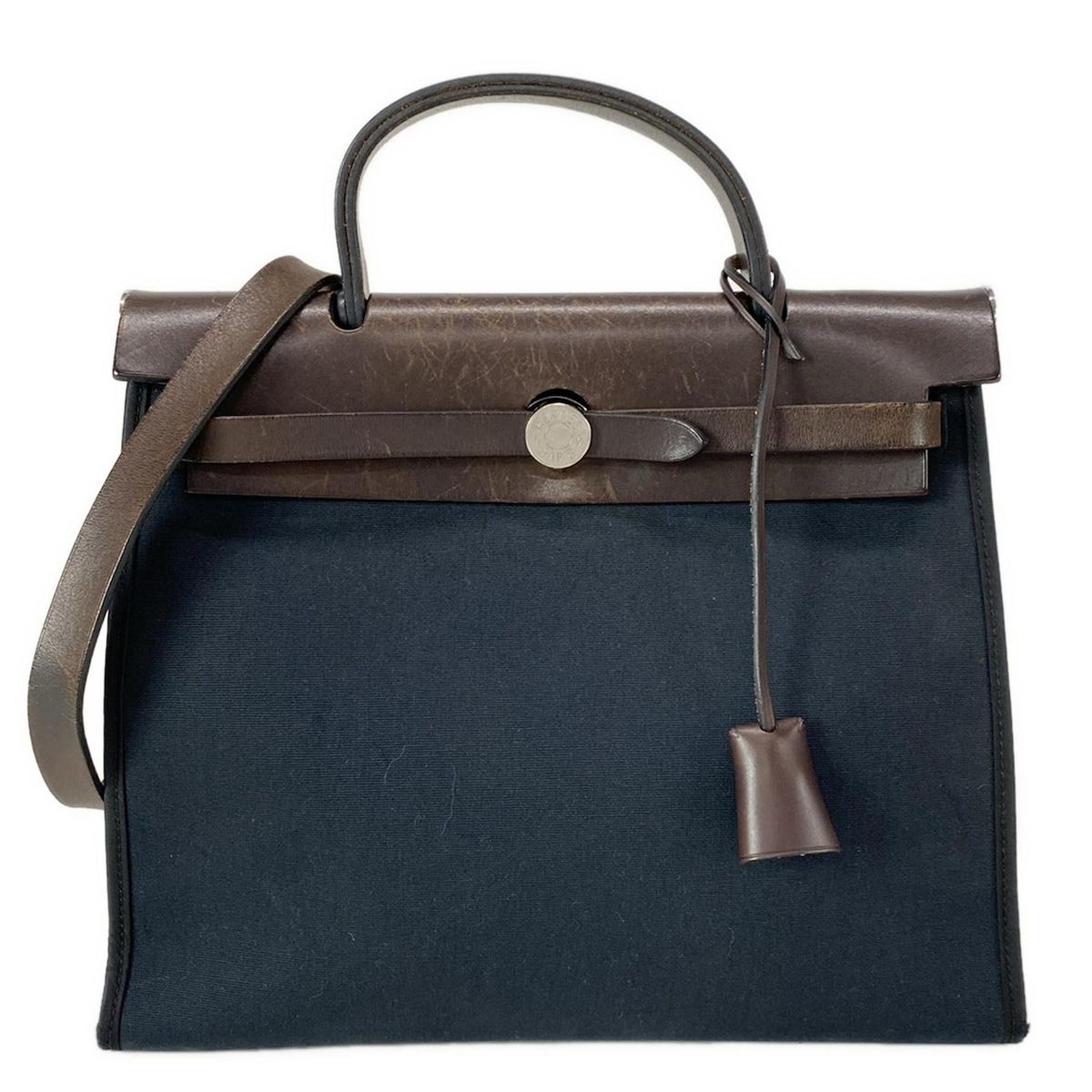 HERMES エルメス ハンドバッグ エールバッグジップPM 黒×ダークブラウン シルバー金具