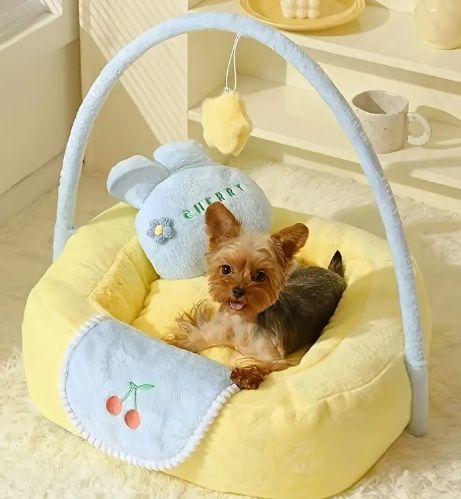 ハンモックと枕付きの居心地の良い半密閉ペットベッド -充填された暖かい猫用ラウンジャー ポリエステル素材 猫と小型犬用の吊り下げおもちゃ付き オールシーズン