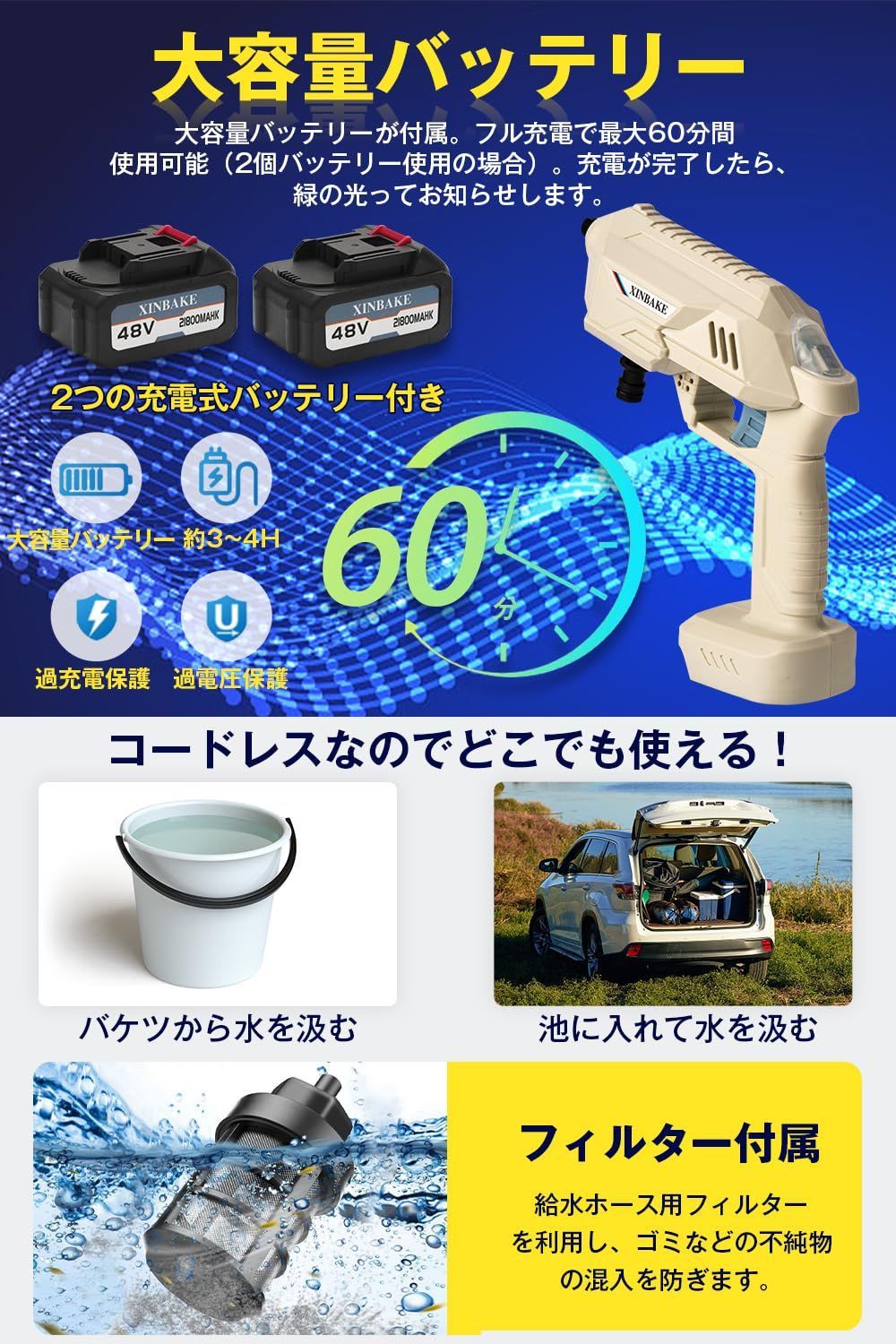 生活家電 『大人気』 洗車機 700W 家庭用 6-in-1ノズル コードレス高圧 