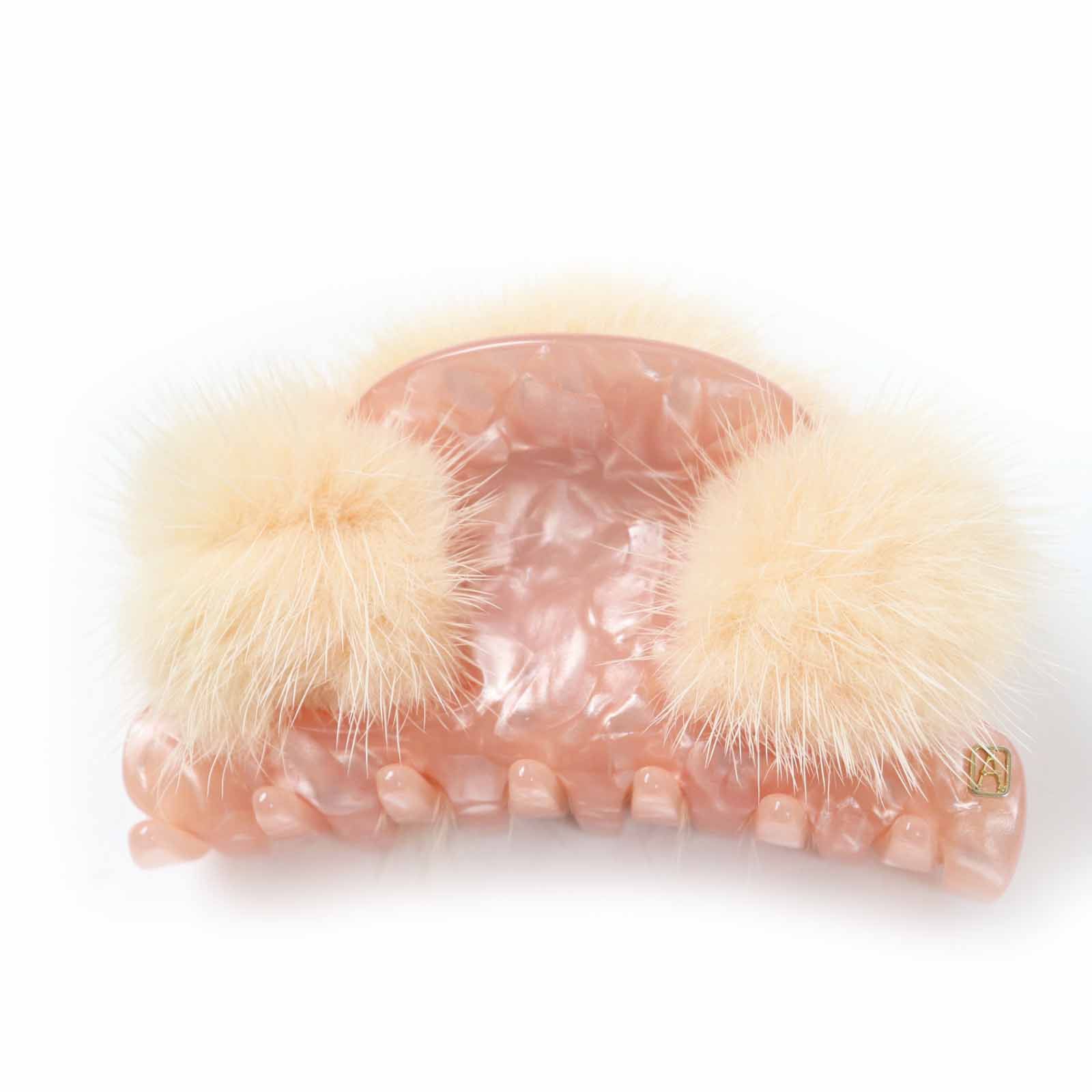 ◎ALEXANDRE DE PARIS アレクサンドル ドゥ パリ Aロゴ ミンクファー付き ヘアアクセサリー ヘアクリップ オーロラピンク フランス製 レディース
