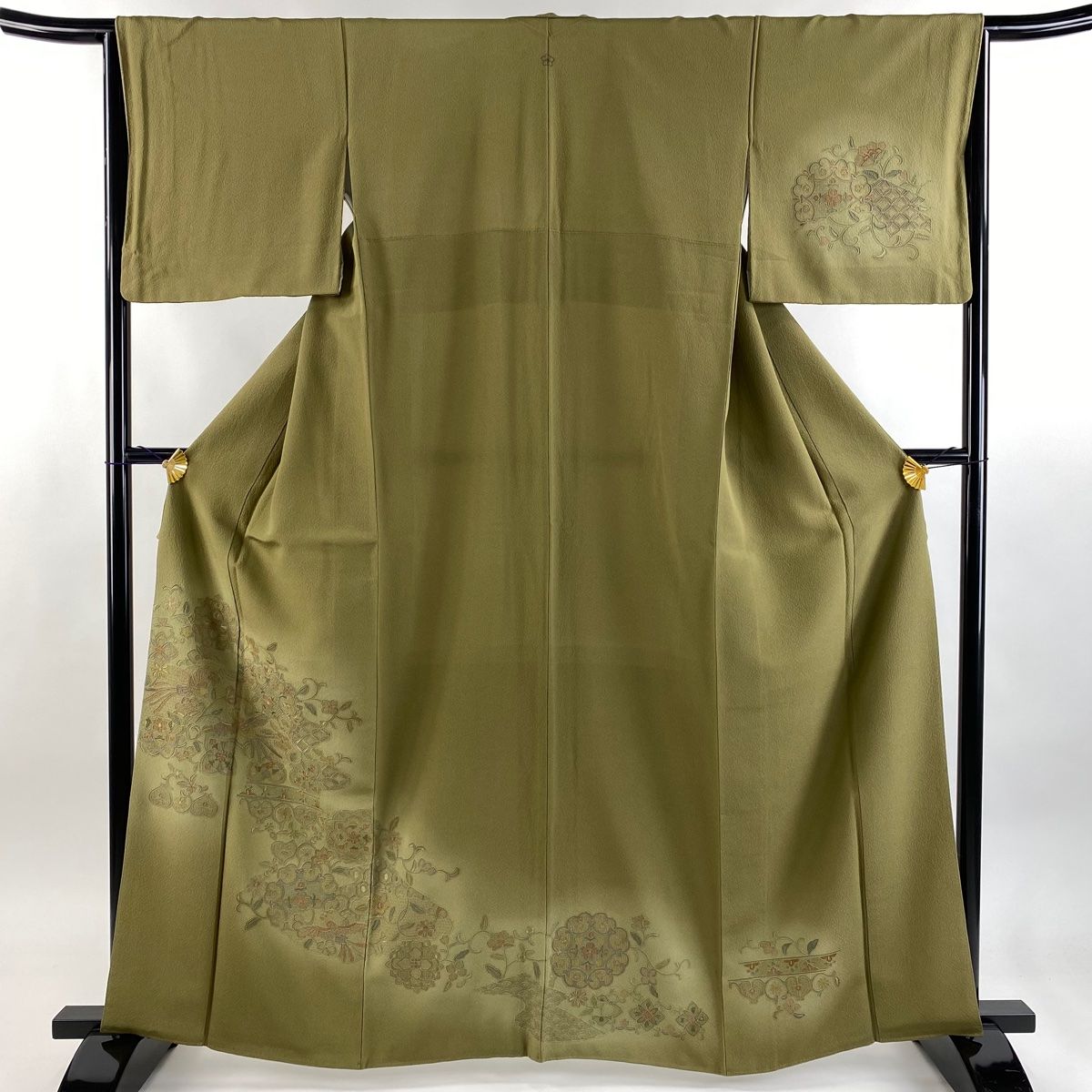 付下げ 身丈163.5cm 裄丈65.5cm M 袷 華文 花鳥 刺繍 ぼかし 鶯色 正絹 秀品 一つ紋 WWW_NOITHATQUANGTHANH_NET