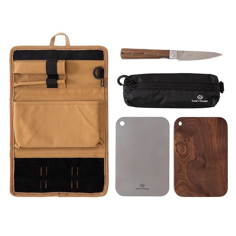 COOK N ESCAPE まな板セット 5点セット 収納ケース-カトラリー袋-ウォールナット チタンまな板-フォールディングナイフ キャンプ用 0