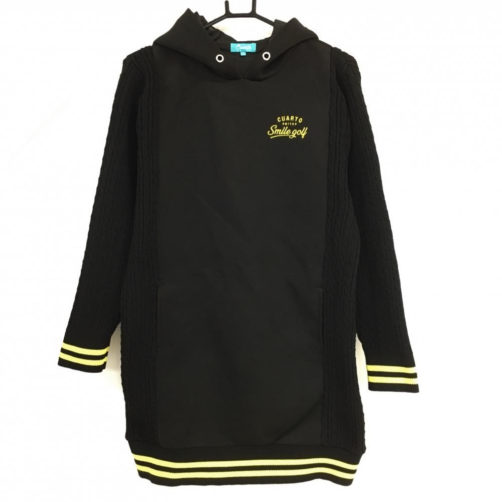クアルトユナイテッド フード付ニット切替ワンピース 黒×イエロー  レディース L ゴルフウェア CUARTO UNITED