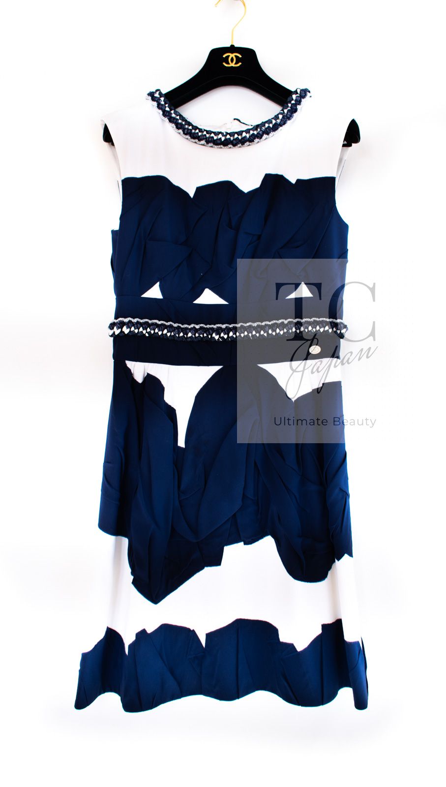 シャネル ワンピース CHANEL ホワイト ネイビー ブルー チェーントリム